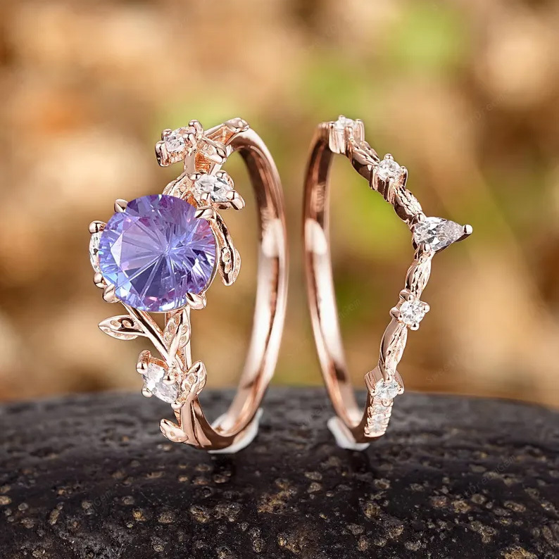 Sotiya Nature Inspired Leaf Purple Round Fantasy Starbrite Cut Engagement Ring Sterling Silver-Sotiya