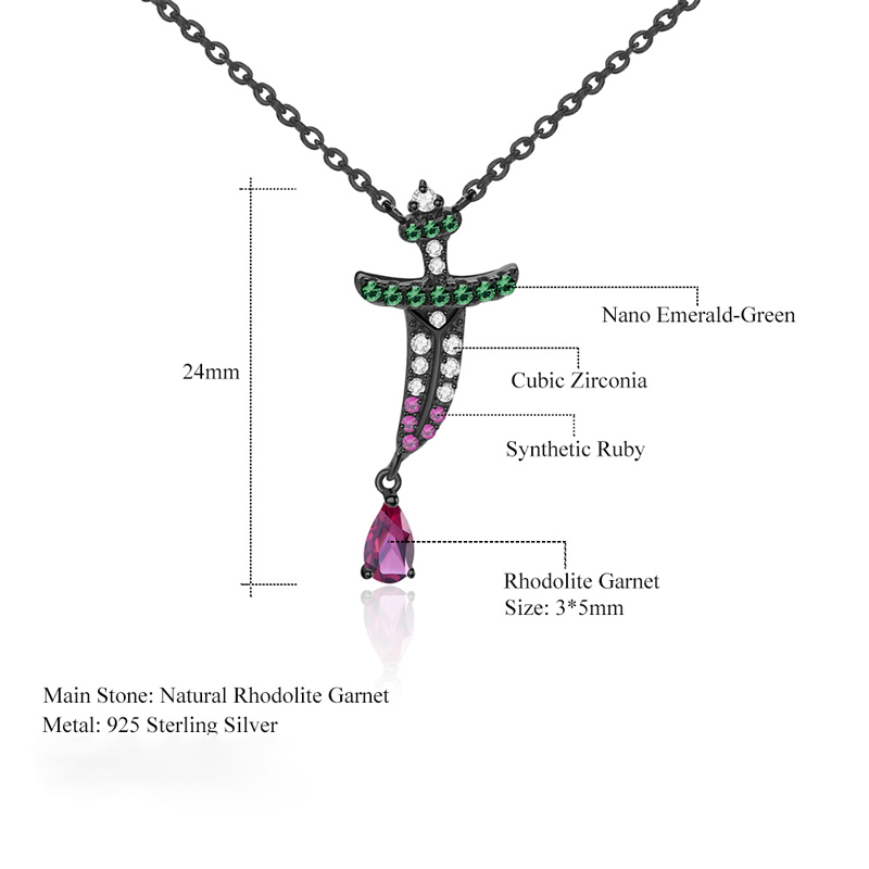 Sotiya Natural Gemstone Rhodolite Garnet Dagger Design Pendant Necklace Sterling Silver-Sotiya