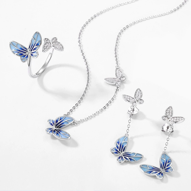 Sotiya Blue Enamel Butterfly Open Cocktail Ring Sterling Silver-Sotiya