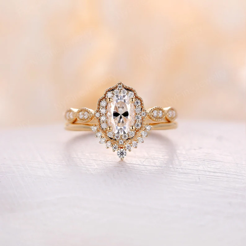 Sotiya Vintage Milgrain Halo Oval Cut Wedding Bridal Ring Set Sterling Silver-Sotiya