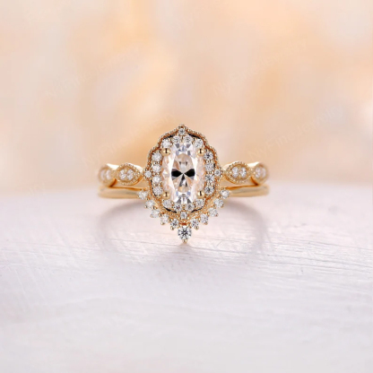 Sotiya Vintage Milgrain Halo Oval Cut Wedding Bridal Ring Set Sterling Silver-Sotiya