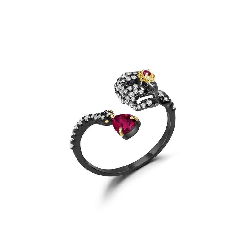 Sotiya Natural Gemstone Ruby Halloween Skull Adjustable Openable Cocktail Ring Sterling Silver-Sotiya