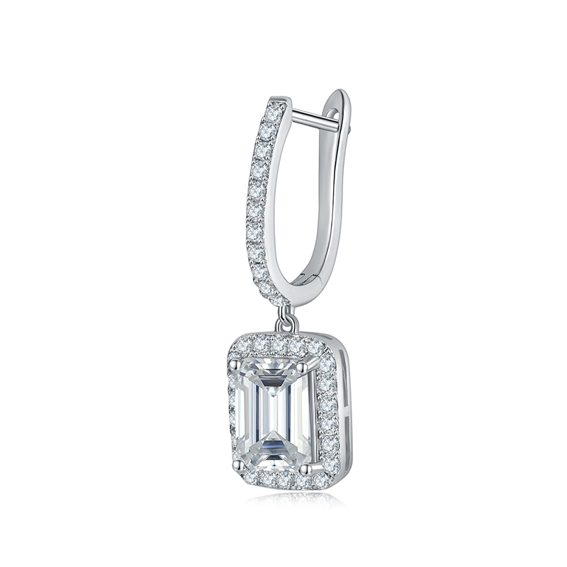 Sotiya Halo Emerald Cut Moissanite Drop Earrings Sterling Silver-Sotiya