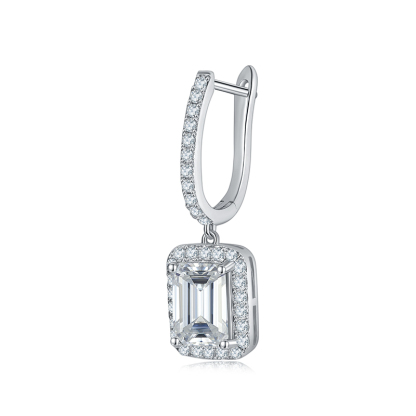 Sotiya Halo Emerald Cut Moissanite Drop Earrings Sterling Silver-Sotiya