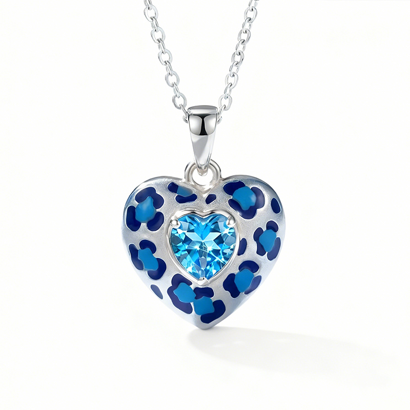 Sotiya Heart Cut Leopard Print Coffee Enamel Necklace Sterling Silver-Sotiya