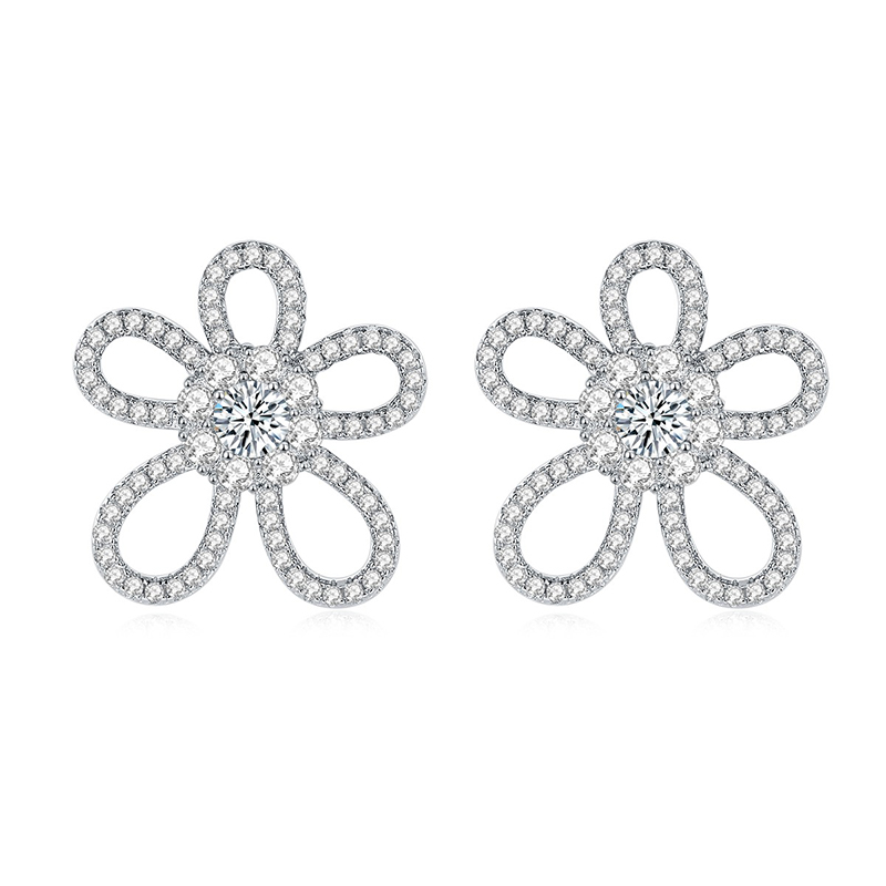 Sotiya Flower Design Halo Round Cut Moissanite Stud Earrings Sterling Silver-Sotiya
