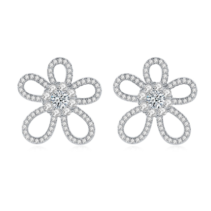Sotiya Flower Design Halo Round Cut Moissanite Stud Earrings Sterling Silver-Sotiya