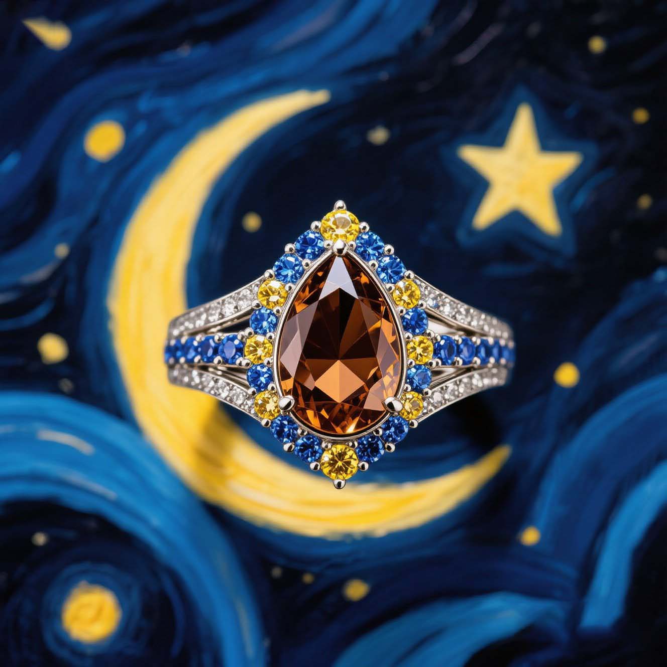 Sotiya Artist Collection Famous Painting Starry Night Halo Pear Cut Chocolate Engagement Ring Sterling Silver-Sotiya