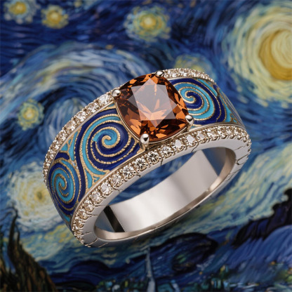 Sotiya Artist Collection Famous Painting Starry Night Vintage Cushion Cut Coffee Engagement Ring Sterling Silver-Sotiya