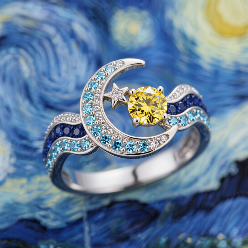 Sotiya Artist Collection Famous Painting Starry Night Round Cut Cocktail Ring Sterling Silver-Sotiya