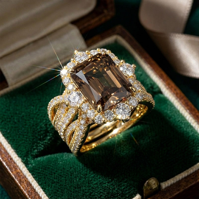 Sotiya Twist Coffee Radiant Cut Enhancer Wedding Bridal Ring Set Sterling Silver