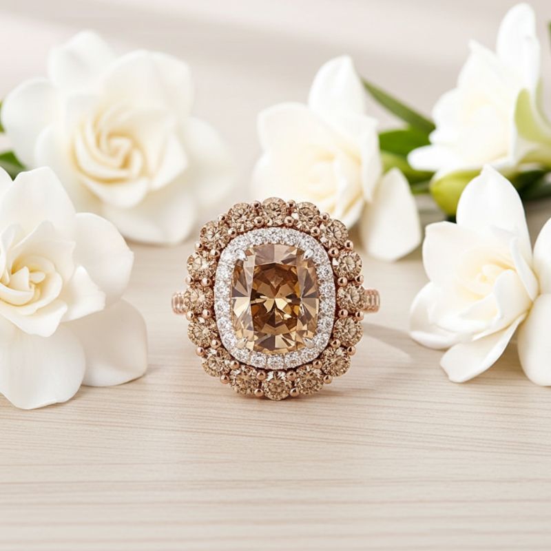 Sotiya Cathedral Double Halo Cushion Cut Coffee Engagement Ring Sterling Silver-Sotiya