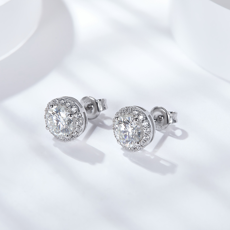 Sotiya Halo Round Cut Moissanite Stud Earrings Sterling Silver-Sotiya