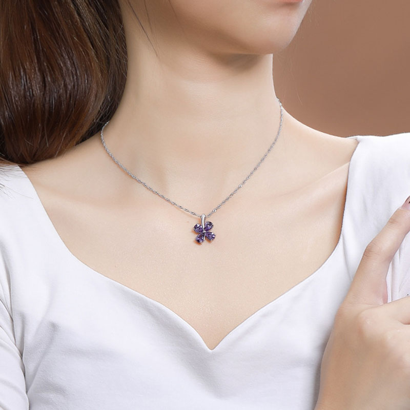 Sotiya Pear Cut Teardrop Shape Amethyst Clover Design Necklace Sterling Silver-Sotiya