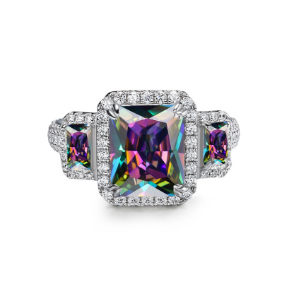 Sotiya Three Stone Halo Radiant Cut Rainbow Mystic Quartz Engagement Ring Sterling Silver-Sotiya