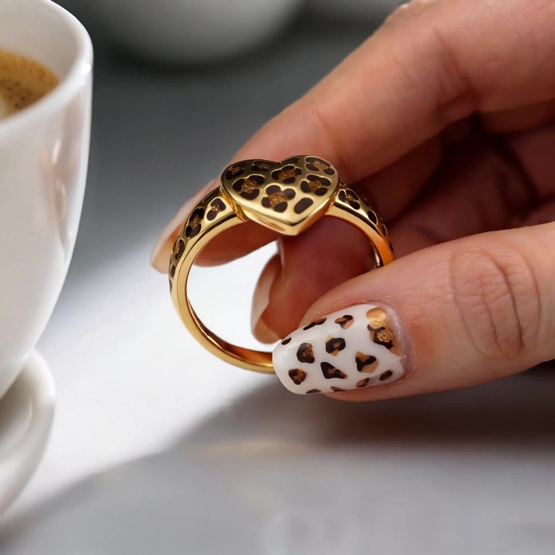 Sotiya Heart Leopard Print Enamel Ring Sterling Silver-Sotiya