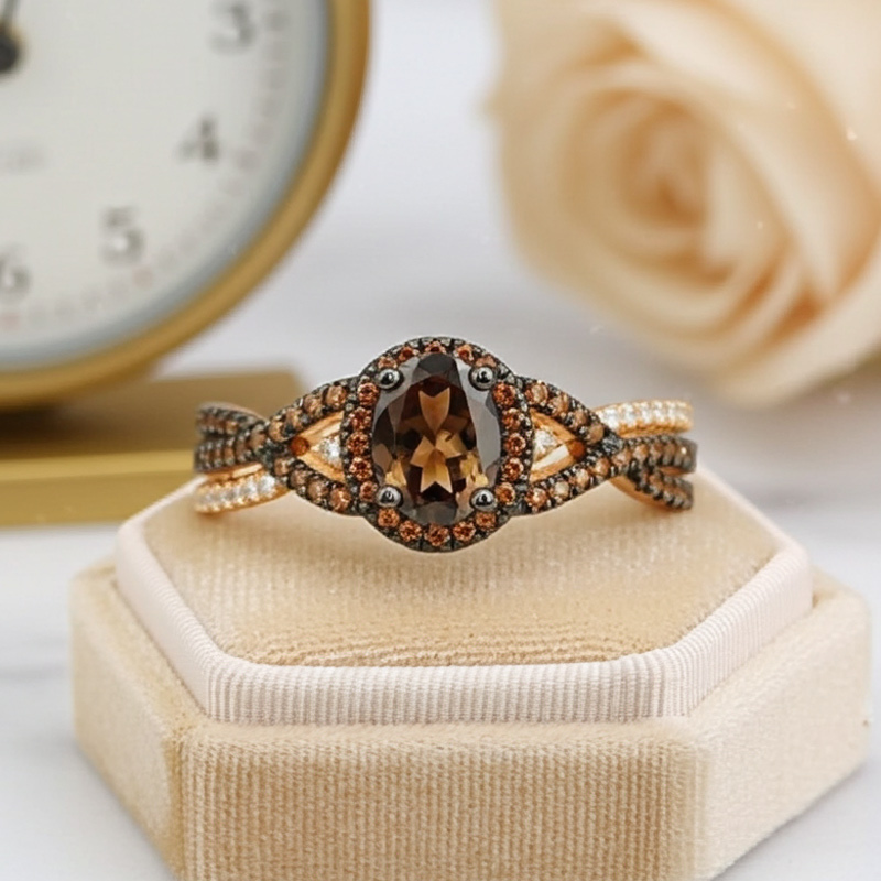 Sotiya Halo Oval Cut Coffee Twist Shank Engagement Ring Sterling Silver