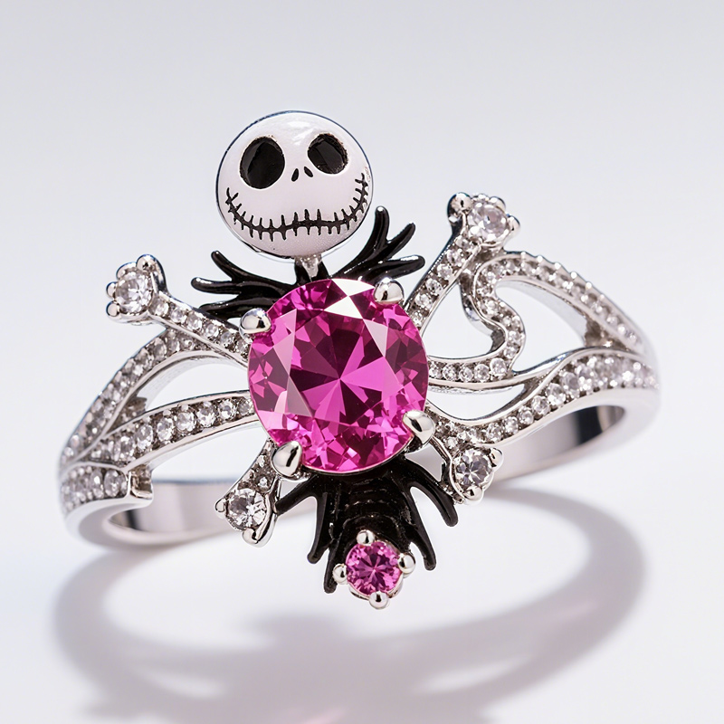 Sotiya Skull Inspired Pirate Cross Hot Pink Cocktail Ring with Bat Tie Sterling Silver-Sotiya