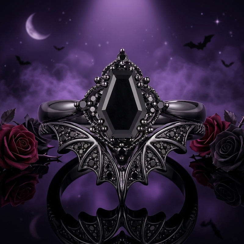 Sotiya Vintage Gothic Bat Coffin Cut Wedding Bridal Ring Set Sterling Silver