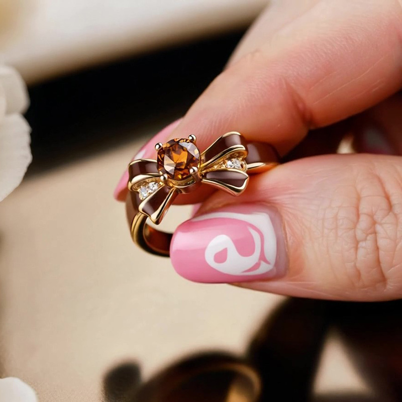 Sotiya Round Cut Bowknot Coffee Enamel Promise Ring Sterling Silver-Sotiya