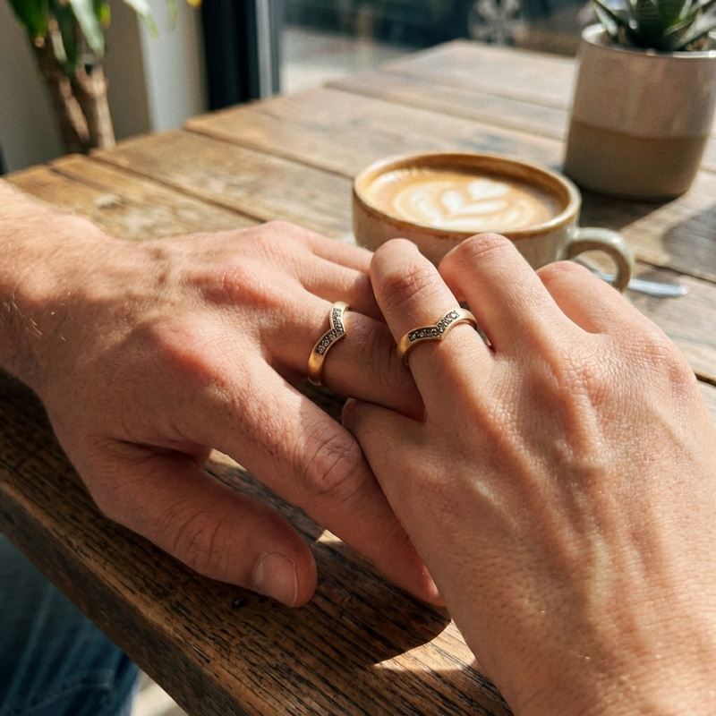 Sotiya V-shaped Design Round Cut Coffee Couple Rings Sterling Silver