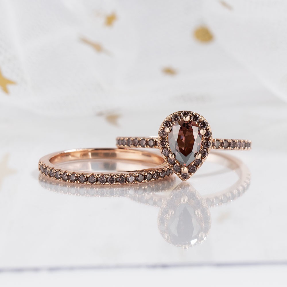 Sotiya Pear Cut Chocolate Rose Gold Halo Wedding Bridal Ring Set Sterling Silver-Sotiya