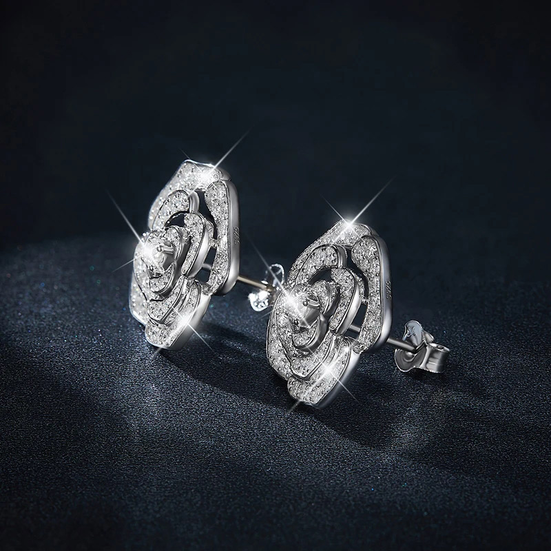 Sotiya Hollow Rose Round Cut Moissanite Stud Earrings Sterling Silver-Sotiya