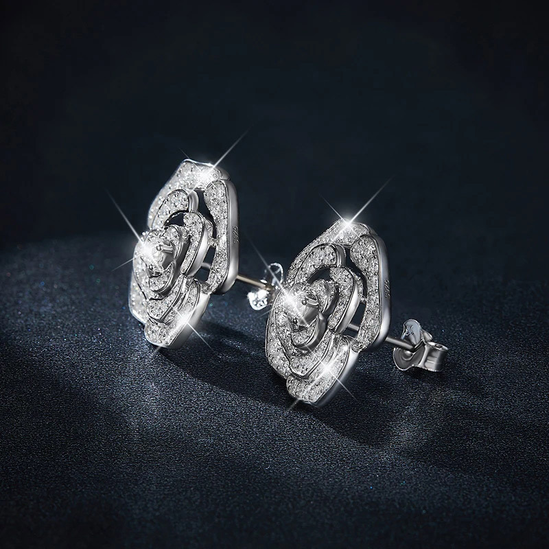 Sotiya Hollow Rose Round Cut Moissanite Stud Earrings Sterling Silver-Sotiya
