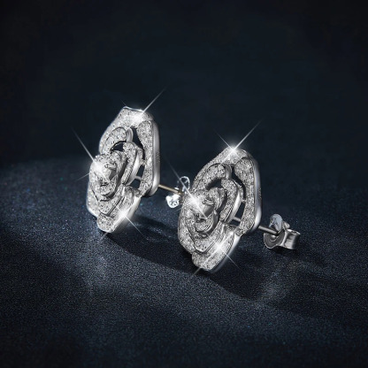Sotiya Hollow Rose Round Cut Moissanite Stud Earrings Sterling Silver-Sotiya
