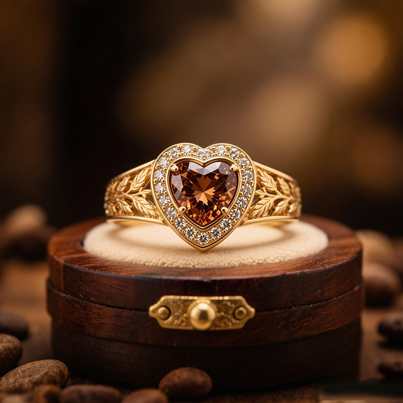 Sotiya Halo Heart Cut Vintage Leaf Coffee Engagement Ring Sterling Silver-Sotiya