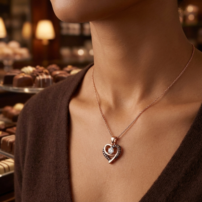 Sotiya Two Tone Heart Shaped Round Cut Coffee Necklace Sterling Silver-Sotiya