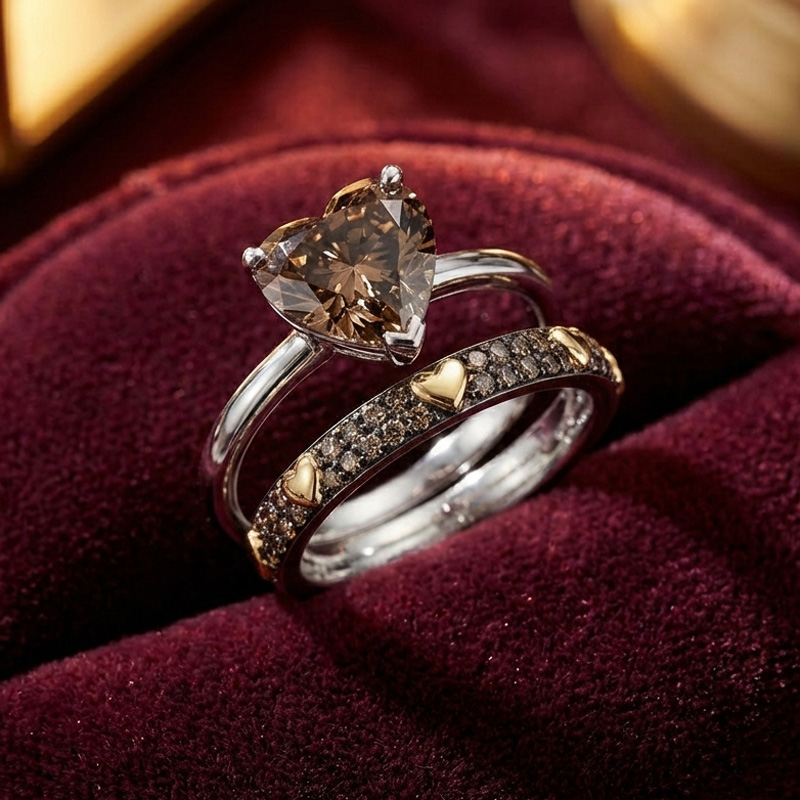 Sotiya Solitaire Heart Cut Coffee Wedding Bridal Ring Set Sterling Silver-Sotiya
