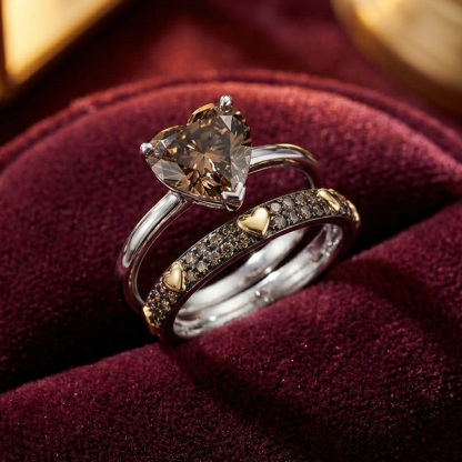 Sotiya Solitaire Heart Cut Coffee Wedding Bridal Ring Set Sterling Silver-Sotiya