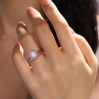 Sotiya Vintage Halo Oval Cut Opal Wedding Bridal Ring Set Sterling Silver-Sotiya