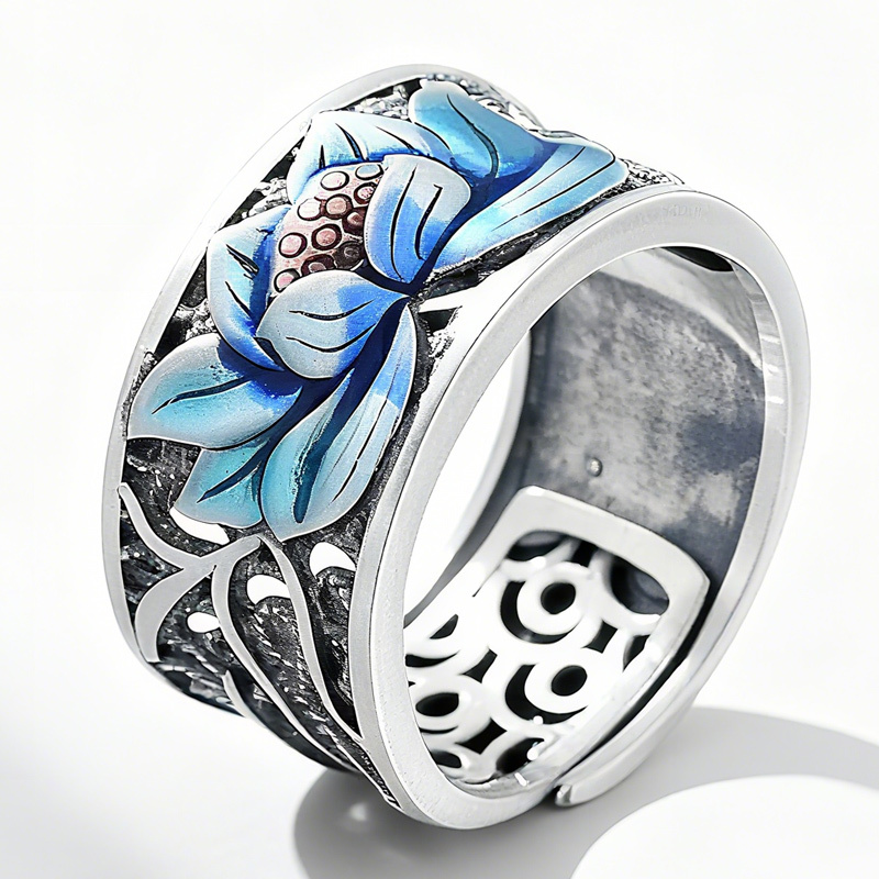 Sotiya Artist Collection Famous Painting Water Lilies Inspired Enamel Adjustable Ring Sterling Silver-Sotiya
