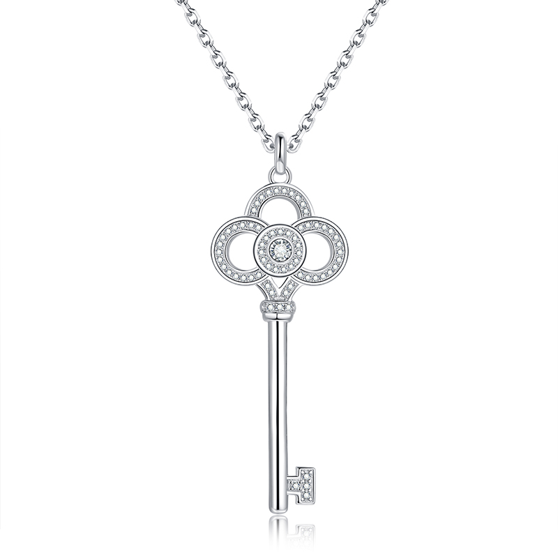 Sotiya Key Design Halo Round Cut Moissanite Necklace Sterling Silver-Sotiya