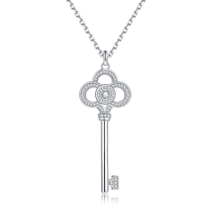 Sotiya Key Design Halo Round Cut Moissanite Necklace Sterling Silver-Sotiya