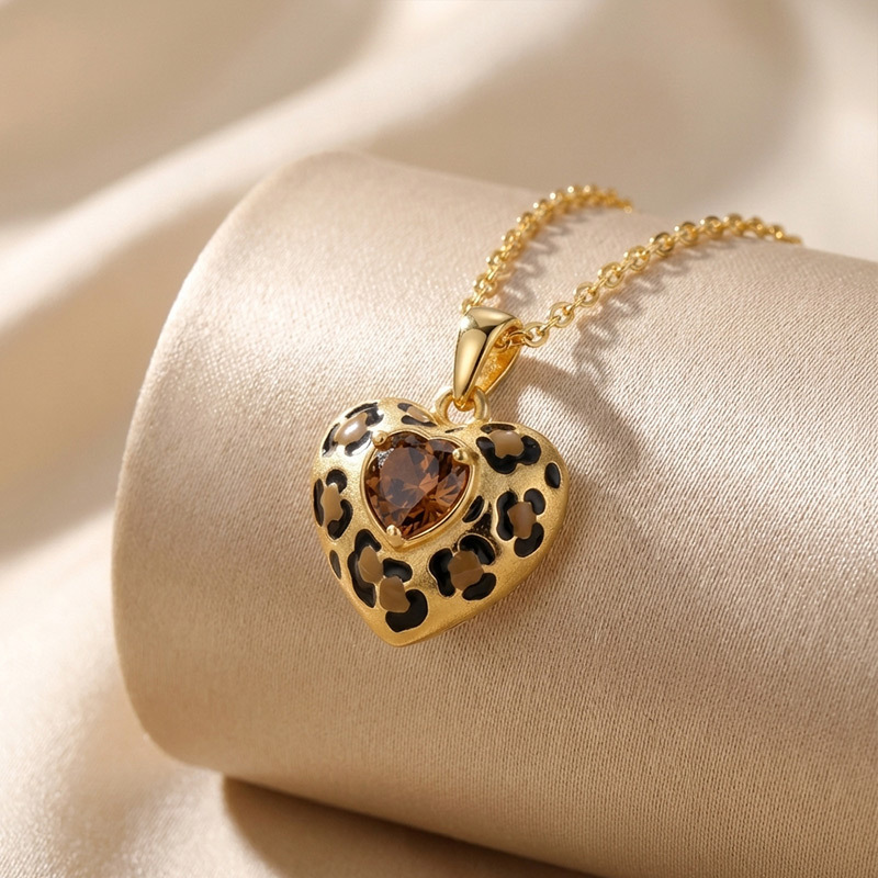 Sotiya Heart Cut Leopard Print Coffee Enamel Necklace Sterling Silver-Sotiya