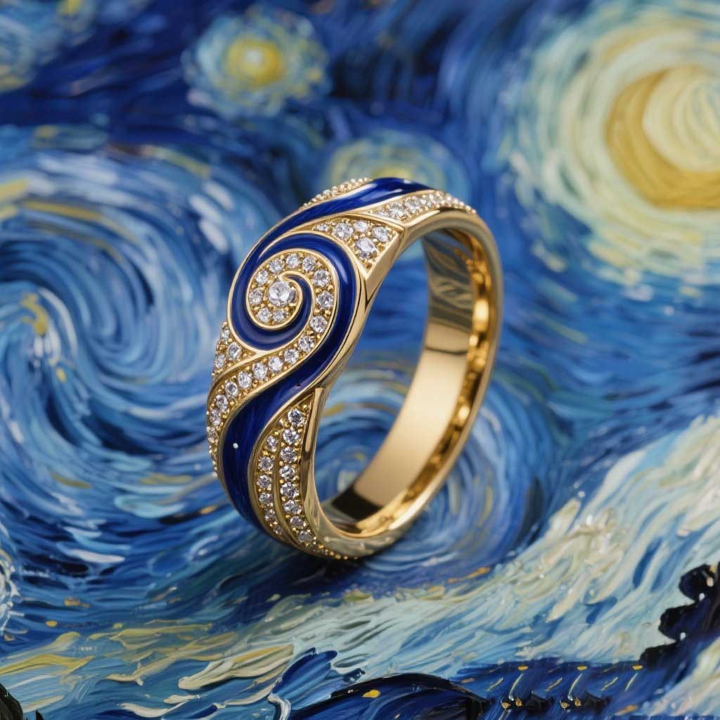 Sotiya Artist Collection Famous Painting Enamel Starry Night Curve Curl Design Women's Wedding Ring Band Sterling Silver-Sotiya