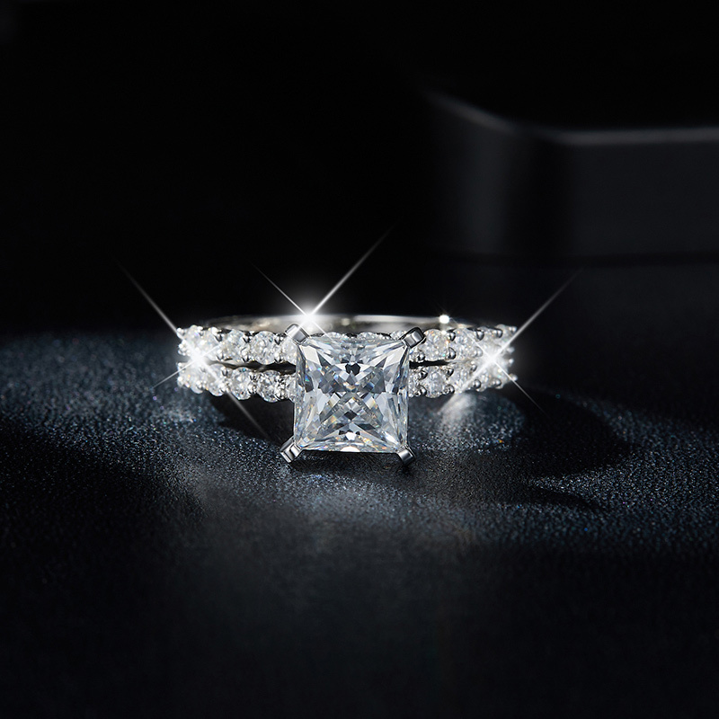 Sotiya Side Stones Princess Cut Moissanite Wedding Bridal Ring Set Sterling Silver-Sotiya