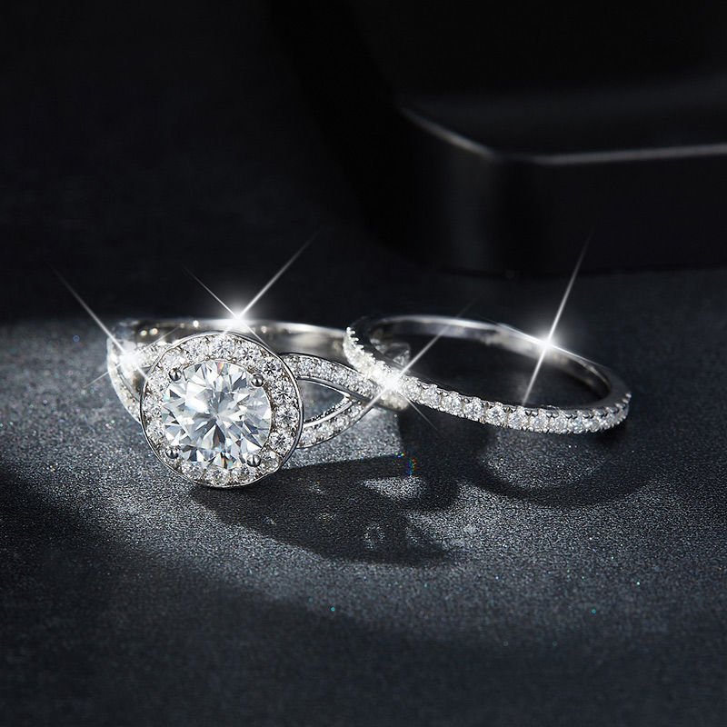 Sotiya Halo Round Cut Twist Moissanite Wedding Bridal Ring Set Sterling Silver-Sotiya