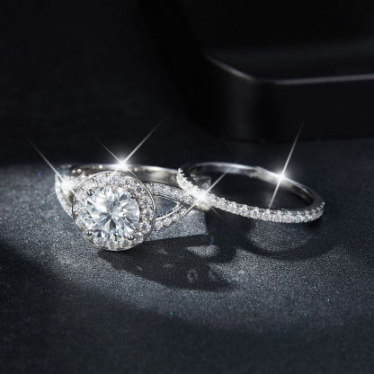 Sotiya Halo Round Cut Twist Moissanite Wedding Bridal Ring Set Sterling Silver-Sotiya