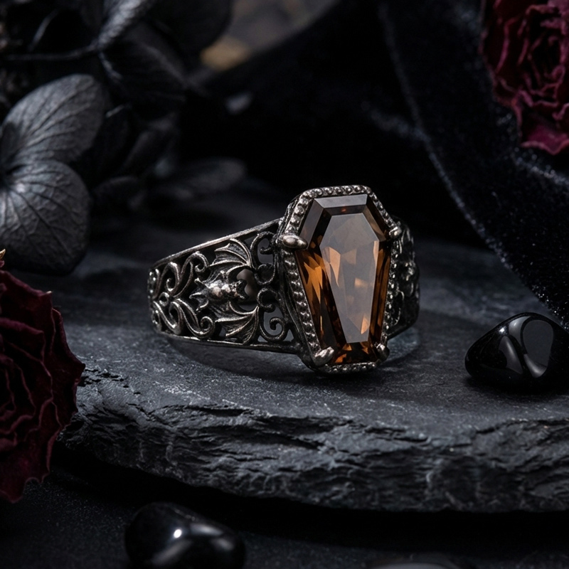 Sotiya Vintage Coffin Cut Coffee Bat Engagement Ring Sterling Silver-Sotiya