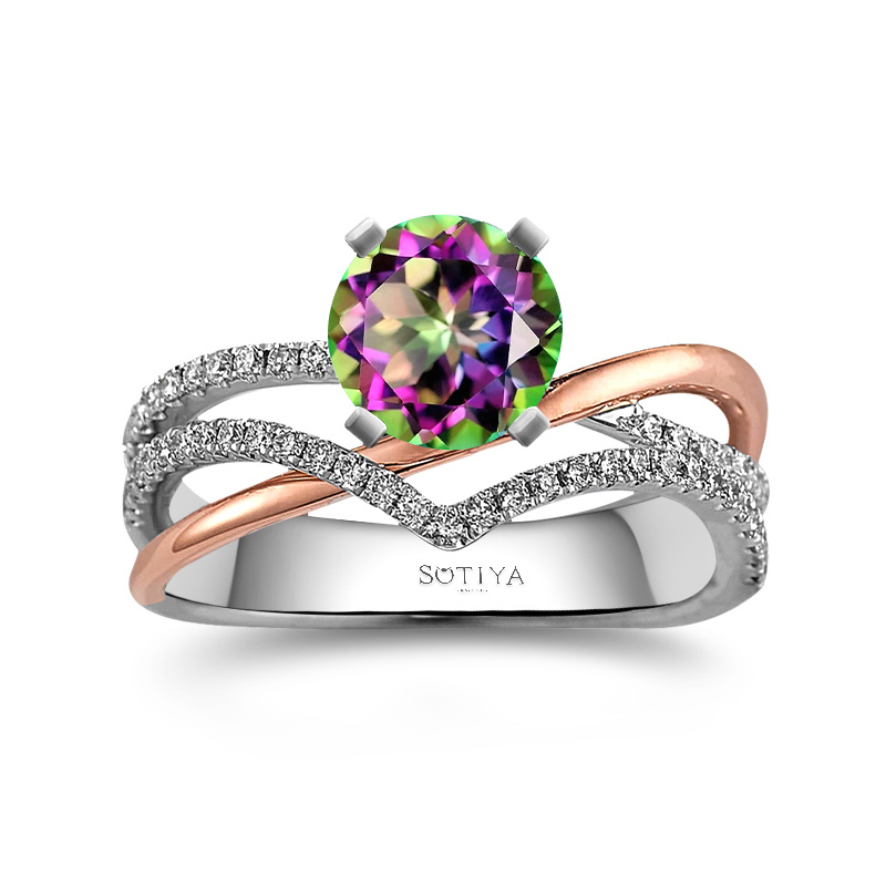 Sotiya Rainbow Mystic Quartz Round Cut Crossover Two Tone Engagement Ring Sterling Silver-Sotiya