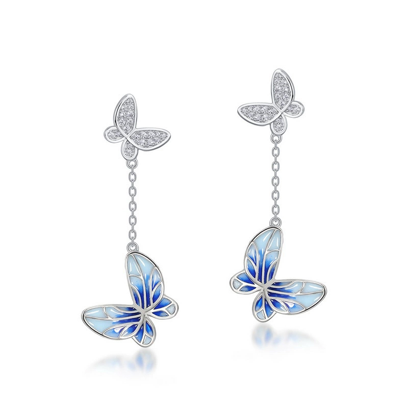 Sotiya Blue Enamel Butterfly Drop Earrings Sterling Silver-Sotiya