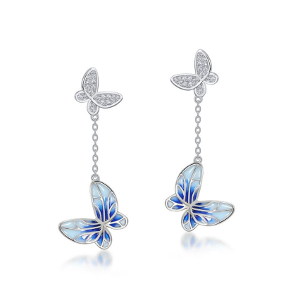 Sotiya Blue Enamel Butterfly Drop Earrings Sterling Silver-Sotiya