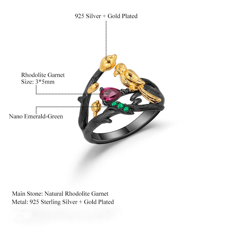 Sotiya Natural Gemstone Rhodolite Garnet Bird Design Adjustable Openable Cocktail Ring Sterling Silver-Sotiya