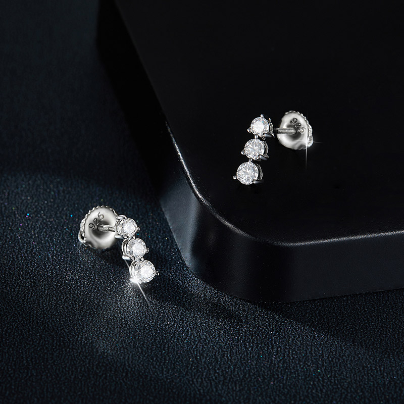 Sotiya Three Stone Round Cut Moissanite Stud Earrings Sterling Silver-Sotiya