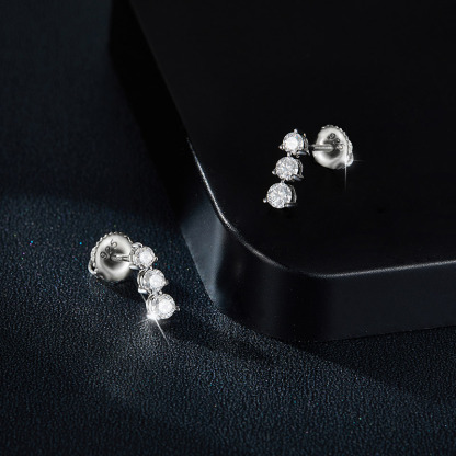 Sotiya Three Stone Round Cut Moissanite Stud Earrings Sterling Silver-Sotiya