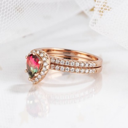Sotiya Pear Cut Watermelon Rose Gold Halo Wedding Bridal Ring Set Sterling Silver-Sotiya